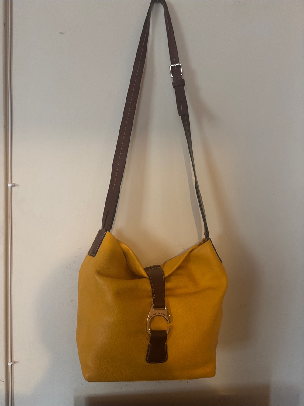 Dooney & Bourke Yellow Leather Shoulder Bag with Brown Trim